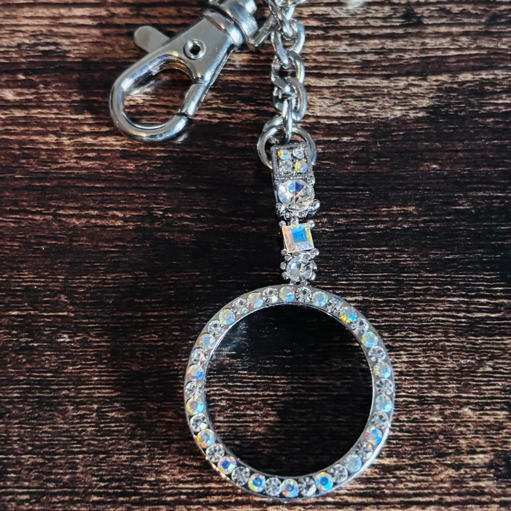Silver Tone AB Rhinestone Circle Keychain Bag Charm Crystal Accent New